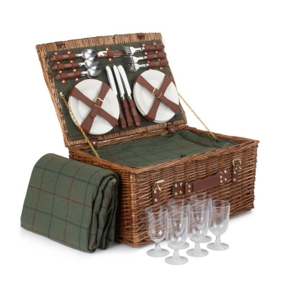 6 Person Green Tweed Classic Picnic Basket
