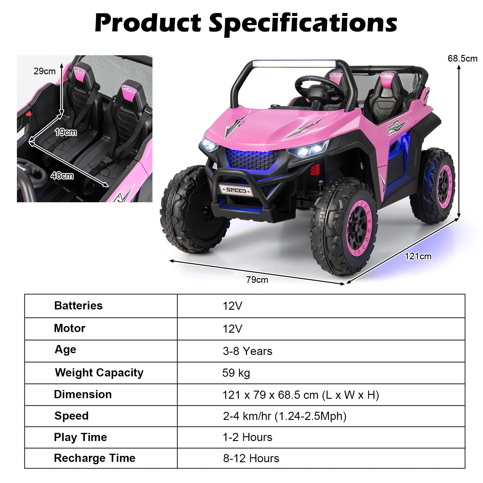 NNECW 12V 2-Seater Kids Ride On Car with Light Music & Electric Remote Control-Pink - Image 4